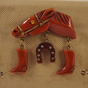 Vintage Bakelite Horse Head with Charms Brooch (S&H)